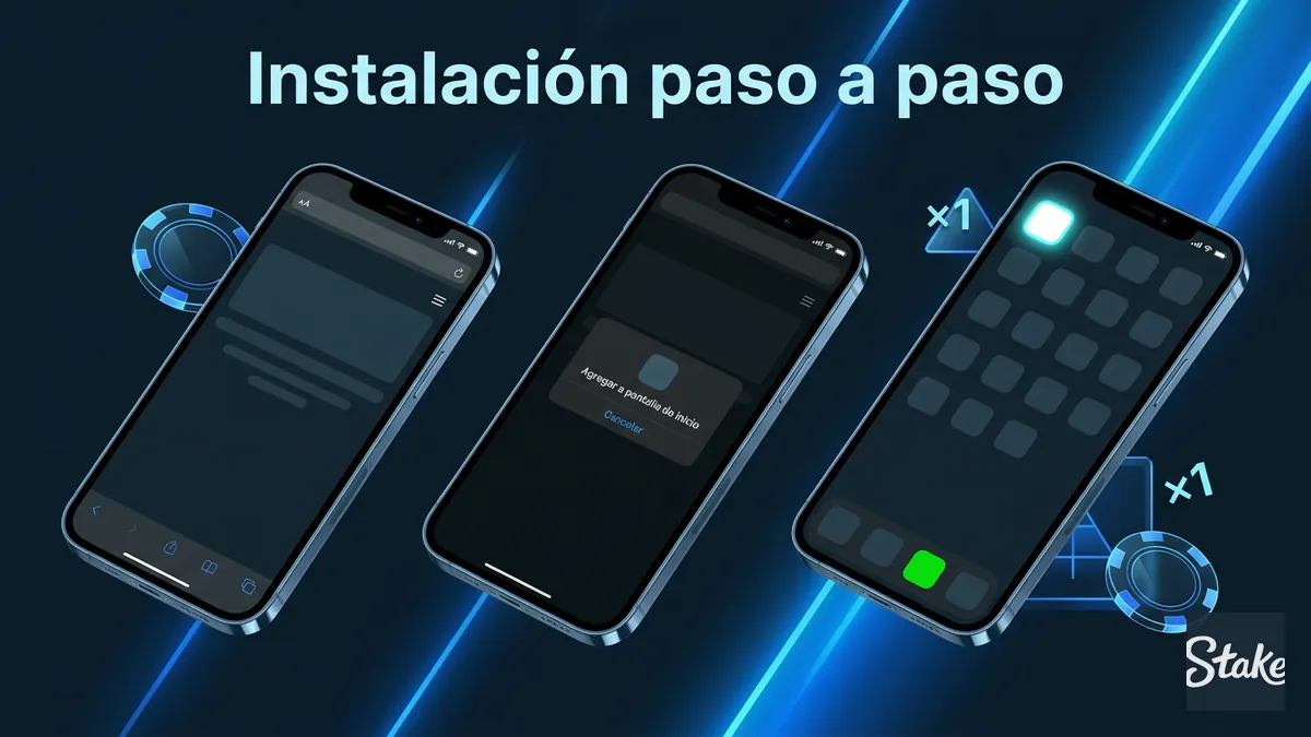 Tres pantallas de celular mostrando el paso a paso para instalar la app PWA de Stake en Android e iOS