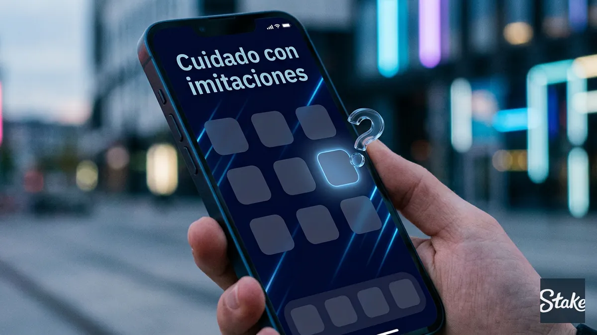 Celular mostrando resultados genéricos de tienda de apps al buscar Stake, advertencia sobre imitaciones, Chile
