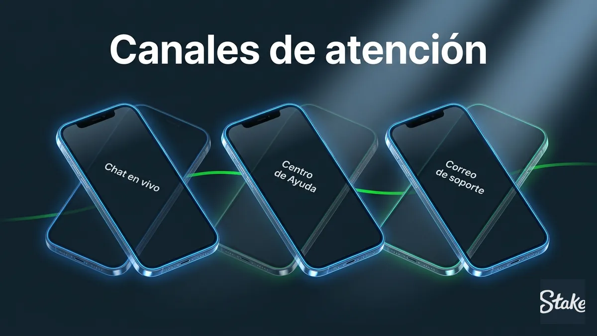 Tres pantallas de celular con chat en vivo, Centro de Ayuda y correo de soporte para contactar a Stake