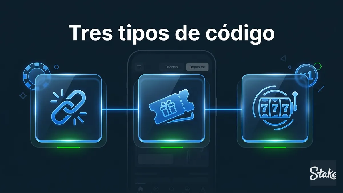 Tres tarjetas de vidrio con íconos que representan los tipos de código promocional de Stake Chile