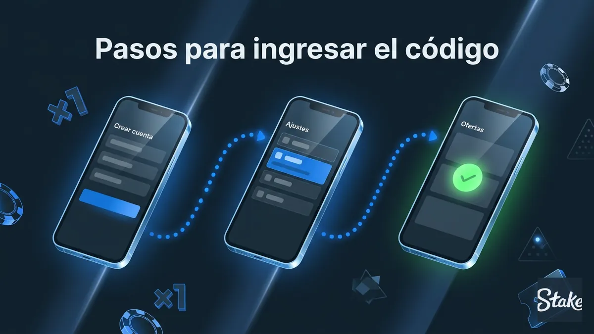Secuencia de pantallas de celular mostrando los pasos para ingresar el código promocional en Stake Chile