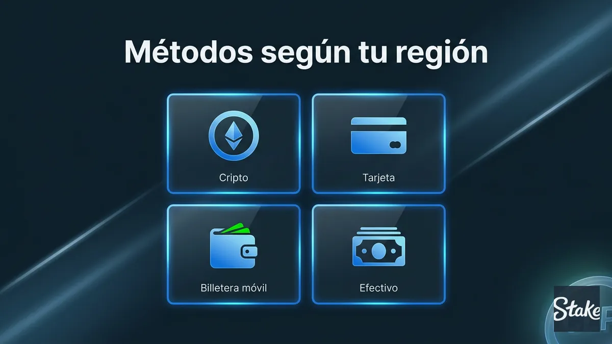 Comparación de métodos de depósito en Stake por región: cripto, tarjeta y billetera móvil
