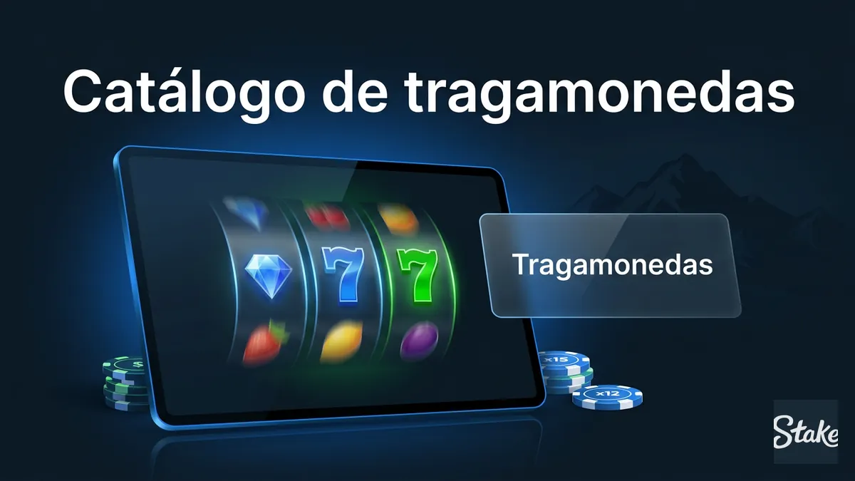 Mockup de tragamonedas de Stake con símbolos genéricos y acentos de neón azul
