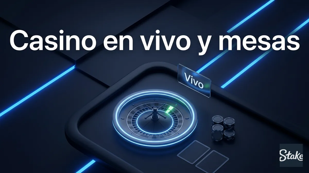 Mesa de casino en vivo de Stake con ruleta y cartas en estilo azul neón