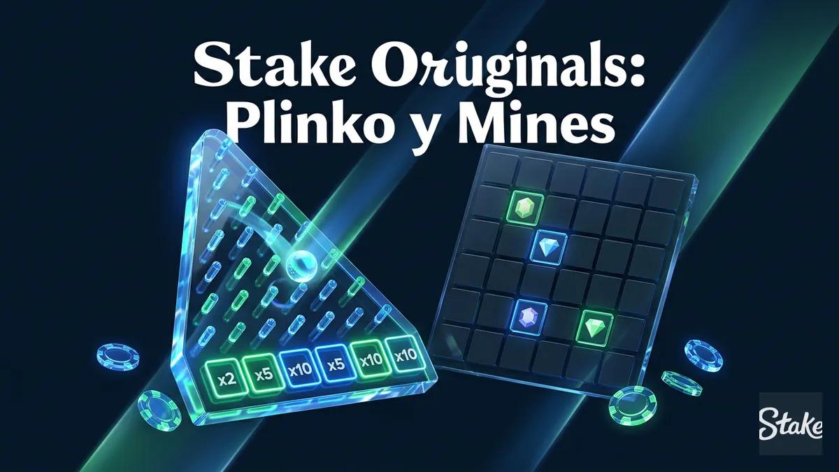 Ilustración abstracta de Plinko y Mines, juegos propios de Stake, en estilo neón azul