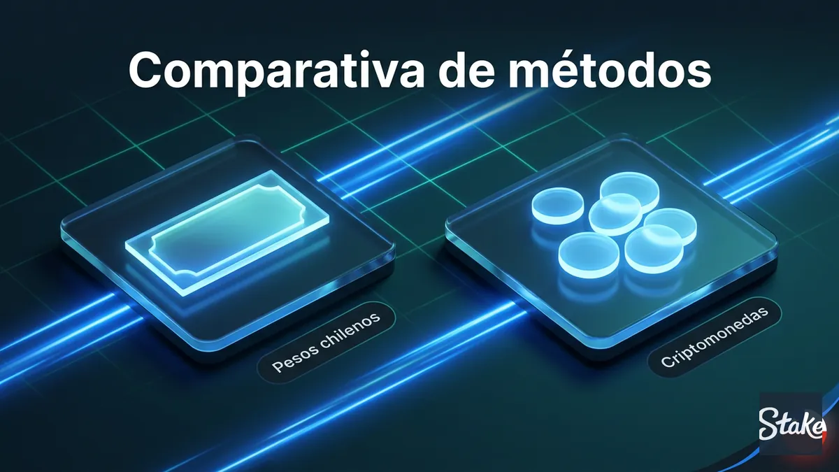 Comparación visual entre pesos chilenos y criptomonedas como métodos de pago en Stake Chile