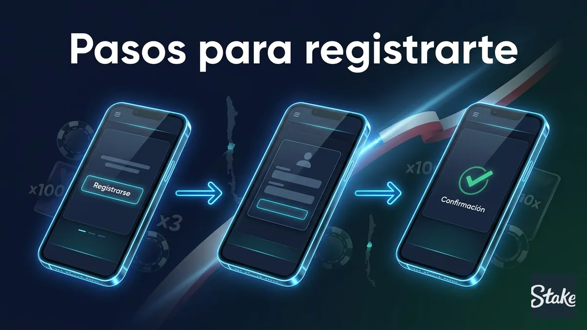 Tres pantallas de celular que muestran los pasos para crear una cuenta en Stake desde Chile