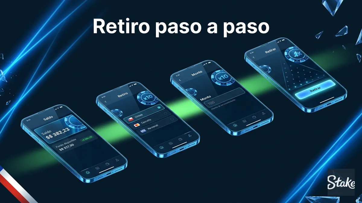Secuencia de pantallas mostrando los pasos para solicitar un retiro en Stake desde Chile