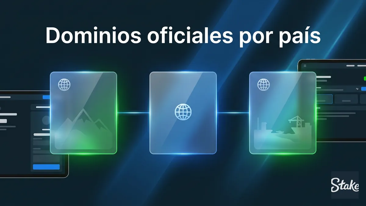 Comparación visual de dominios oficiales de Stake según país en un panel de vidrio neón